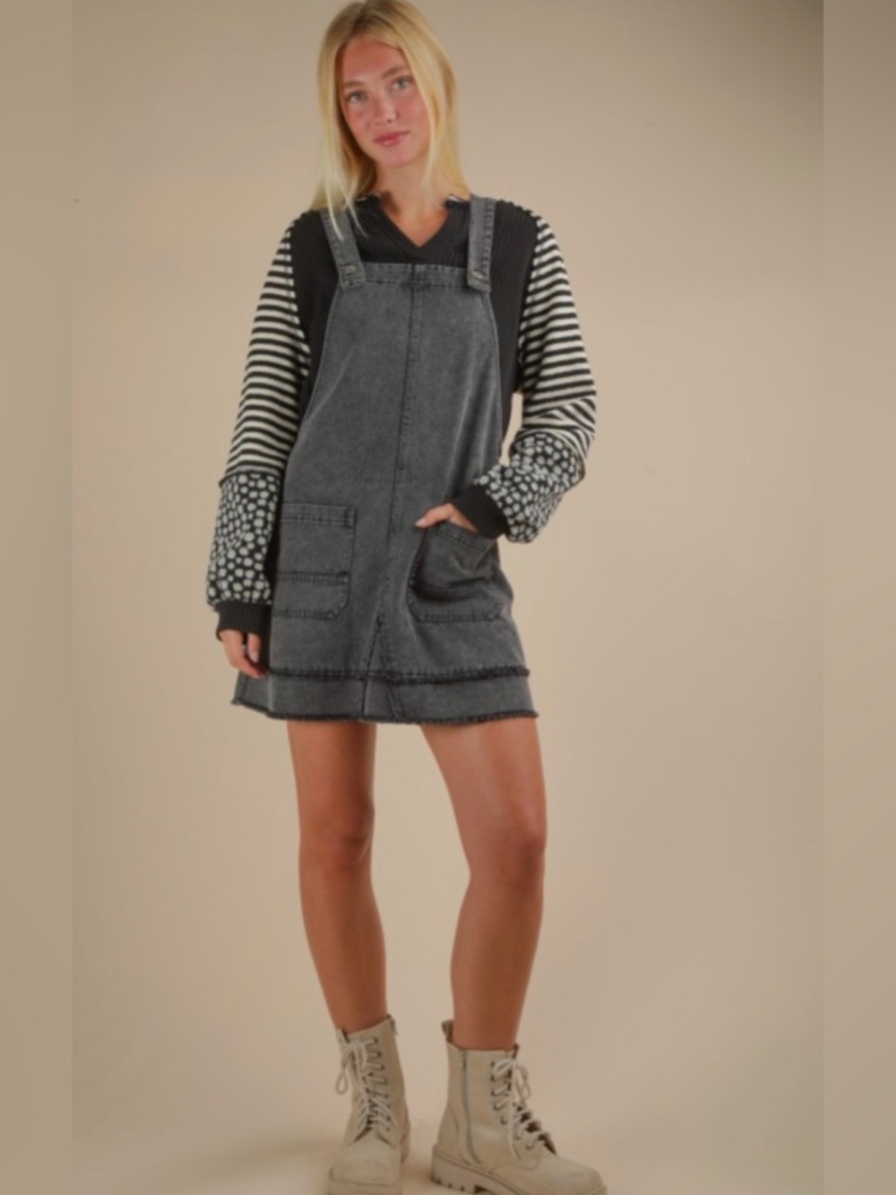 32. Very J Washed Black Denim Pinafore Dress